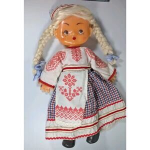 VTG Soviet Costume Doll USSR Girl Souvenir Cloth Plastic Moscow Toy Krugozor